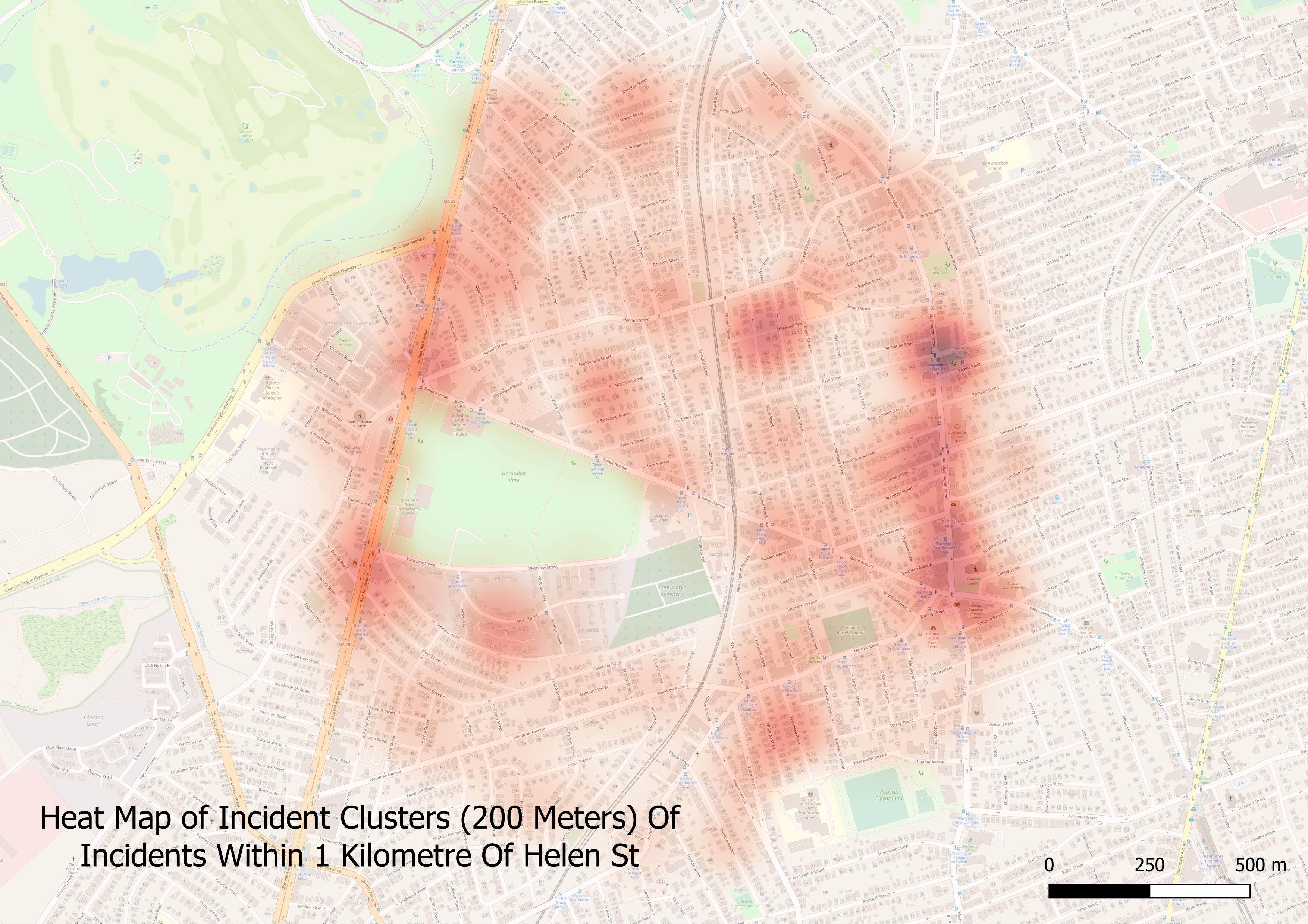 Heat Map Of Violent Offenses Within 1000 meter radius of Helen Street